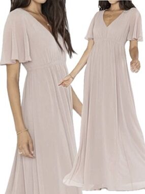 Show Me Your MuMu Emily Flutter Sleeve Empire Waist Maxi Dress Size M Soft Beige
